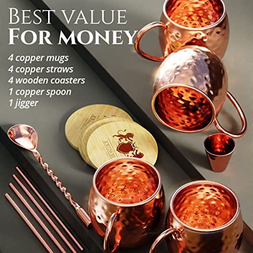 B. WEISS [CHRISTMAS GIFT SET] Moscow Mule Mugs Set+| SHOT GLASS| STRAWS| COASTERS| SPOON | Set Of 4 Pure copper Cups,16 Oz HANDCRAFTED-Premium Quality