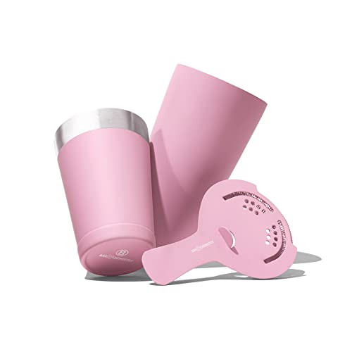 BarChemistry Cocktail Shaker – Professional Cocktail Set with Boston Shaker and Strainer – Stainless Steel Drink Shaker – Weighted Shaker Cups – Rubber Coated Boston Cocktail Shaker – Matte Pink