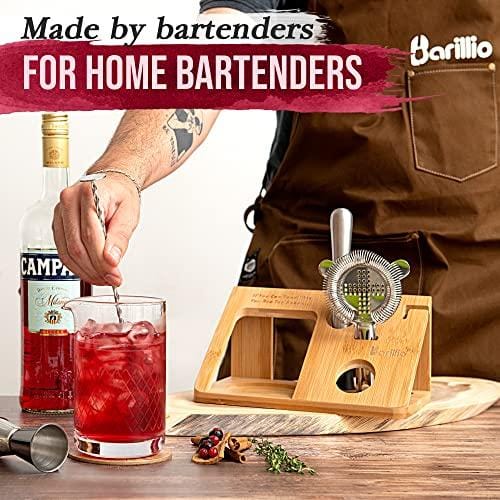 20 Oz Crystal Cocktail Mixing Glass Set With Bamboo Stand by Barillio | Seamless Mixing Pitcher for Stirred Cocktail with Thick Weighted Bottom