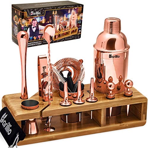 Copper 23-Piece Bartender Kit Cocktail Shaker Set by BARILLIO: Stainless Steel Rose Gold Bar Tools with Sleek Bamboo Stand, Velvet Carry Bag & Recipes Booklet