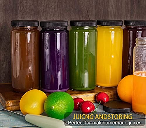 Glass Juicing Bottle Drinking Jars 12 Pack, Bedoo 16 oz Travel Glass Juice Bottles Leak Proof with Plastic Airtight Lids, Dishwasher Safe, Reusable Glass Bottles for Juicing ,Smoothies,Milk,Kombucha