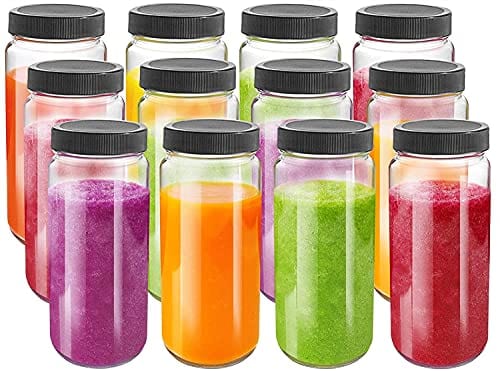 Glass Juicing Bottle Drinking Jars 12 Pack, Bedoo 16 oz Travel Glass Juice Bottles Leak Proof with Plastic Airtight Lids, Dishwasher Safe, Reusable Glass Bottles for Juicing ,Smoothies,Milk,Kombucha