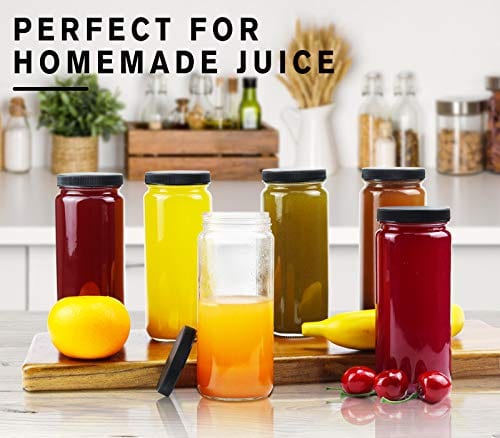 Glass Juicing Bottle Drinking Jars 12 Pack, Bedoo 16 oz Travel Glass Juice Bottles Leak Proof with Plastic Airtight Lids, Dishwasher Safe, Reusable Glass Bottles for Juicing ,Smoothies,Milk,Kombucha