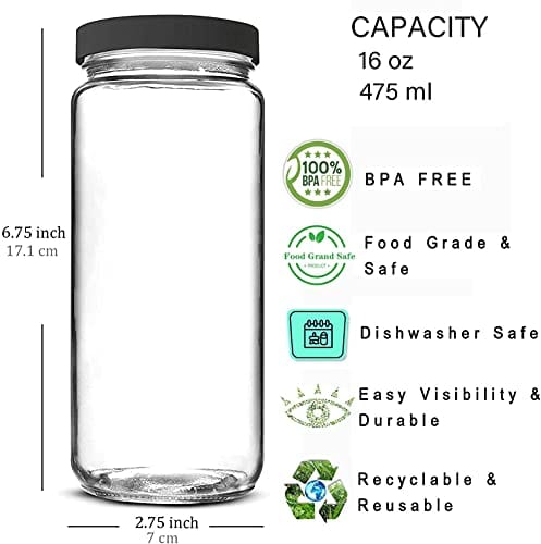 Glass Juicing Bottle Drinking Jars 12 Pack, Bedoo 16 oz Travel Glass Juice Bottles Leak Proof with Plastic Airtight Lids, Dishwasher Safe, Reusable Glass Bottles for Juicing ,Smoothies,Milk,Kombucha