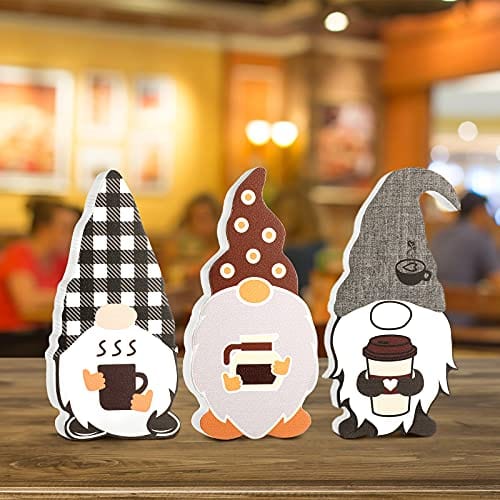 3 Pieces Coffee Gnome Wooden Signs Wood Gnome Signs Decor Coffee Bar Gnome Tiered Tray Decor Freestanding Gnome Signs Rustic Gnome Elf Table Signs for Coffee Shop Farmhouse Home Office Decoration