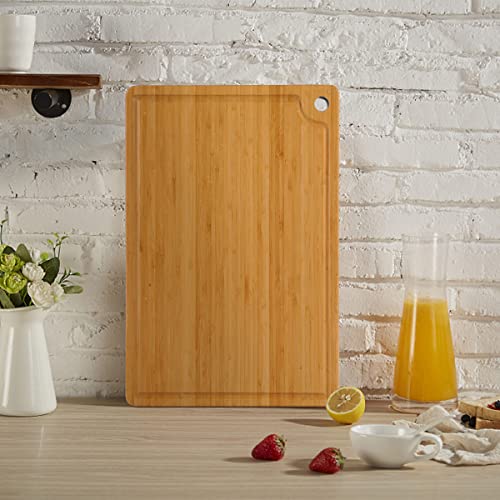 Caperci Bamboo Cutting Board (14'' x 11'') with Juice Groove - Better Kitchen Chopping Board for Meat (Butcher Block) Cheese & Vegetables, Easy Grip Hanging Hole