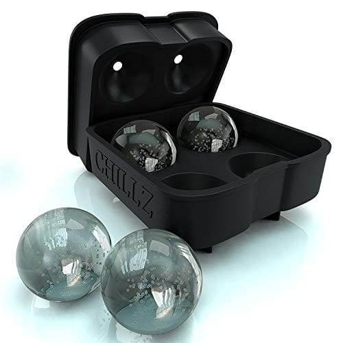 Chillz Ice Ball Maker Mold - Black Flexible Silicone Ice Tray - Molds 4 X 1.78 Inch Round Ice Ball Spheres For Whiskey (1 Pack)