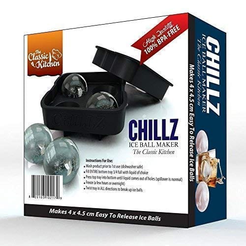 Chillz Ice Ball Maker Mold - Black Flexible Silicone Ice Tray - Molds 4 X 1.78 Inch Round Ice Ball Spheres For Whiskey (1 Pack)