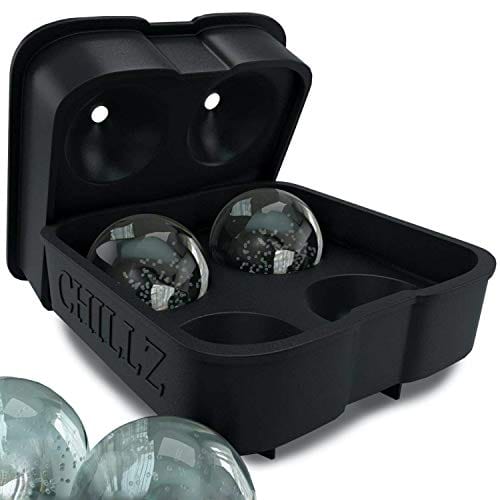 Chillz Ice Ball Maker Mold - Black Flexible Silicone Ice Tray - Molds 4 X 1.78 Inch Round Ice Ball Spheres For Whiskey (1 Pack)