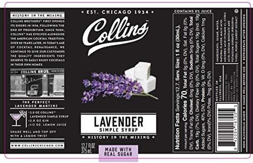 Collins Lavender Syrup, Lavender Simple Syrup, Real Sugar Cocktail Syrups, Soda Water Flavors, Cocktail Mixers, 12.7 Ounces, Set of 1