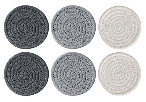 Absorbent Drink Coasters Handmade Braided Drink Coasters, Super Absorbent Heat-Resistant Coasters for Drinks Great Housewarming Gift (Dark Grey, Light Grey, Beige, 6)