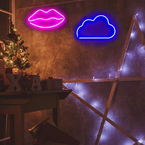 3 Pack LED Decorative Neon Night Signs- Pink Lip Blue Cloud Warm Lightning Shaped Neon Wall Decoration Lights with Hanging Hook Holes LED Light Party Supplies for Wedding Birthday Holiday Home Decors