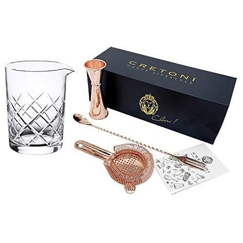 Cretoni Professional Crystal Glass Bar Mixing Set - 1 Crystal Mixing Glass, 1 Jigger, 1 Bar Spoon, 1 Hawthorne Strainer (Copper)