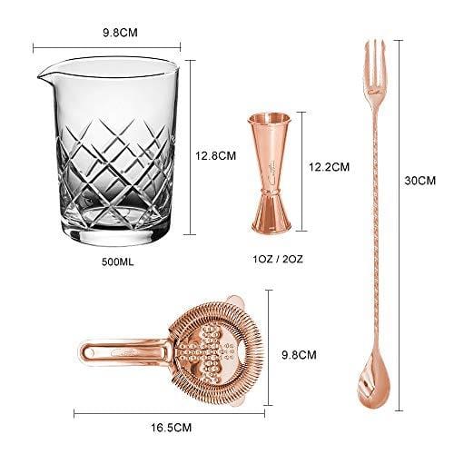 Cretoni Professional Crystal Glass Bar Mixing Set - 1 Crystal Mixing Glass, 1 Jigger, 1 Bar Spoon, 1 Hawthorne Strainer (Copper)