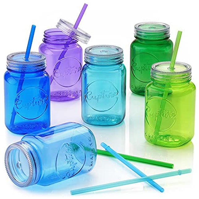 Cupture Double Wall Insulated Plastic Mason Jar Tumbler Mug with Striped Straws - 20 oz, 3 Pack