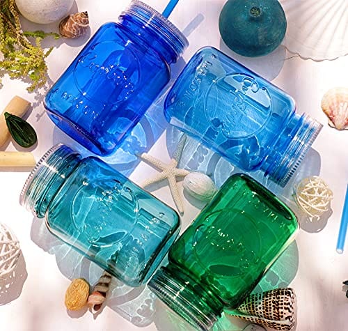 Cupture Acrylic Mason Jar Tumbler Mugs with Lids & Straws - 20 oz, 6 Pack (Cool Lagoon)