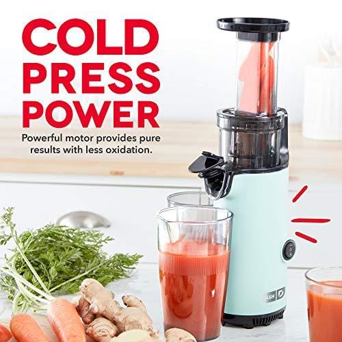 Dash DCSJ255 Deluxe Compact Power Slow Masticating Extractor Easy to Clean Cold Press Juicer with Brush, Pulp Measuring Cup, Frozen Attachment and Juice Recipe Guide, Aqua