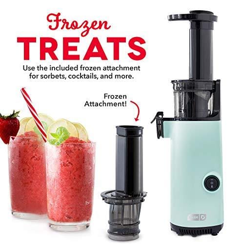 Dash DCSJ255 Deluxe Compact Power Slow Masticating Extractor Easy to Clean Cold Press Juicer with Brush, Pulp Measuring Cup, Frozen Attachment and Juice Recipe Guide, Aqua