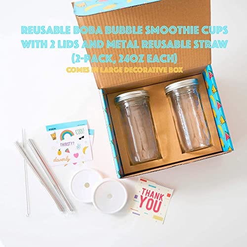 Daverly Way Reusable Boba Bubble Smoothie Cups With 4 Lids And 2 Metal Reusable Straws And Straw Cleaner In Fun Gift Box (2-pack, 24oz Each)