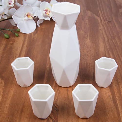 5 Piece Traditional Porcelain Japanese Sake Set, White - 1 18 oz Tokkuri Bottle and 4 Ochko Cups - Unique Modern Design - Great Holiday and Housewarming Gift