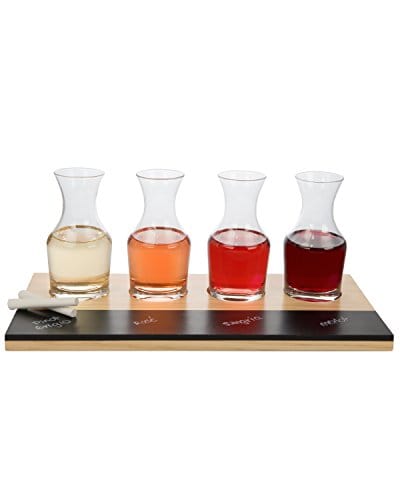 D'eco Wine Tasting Flight Sampler Set - Four 6 oz Decanter Glasses with Wood Paddle and Chalkboard - Great Holiday Gift