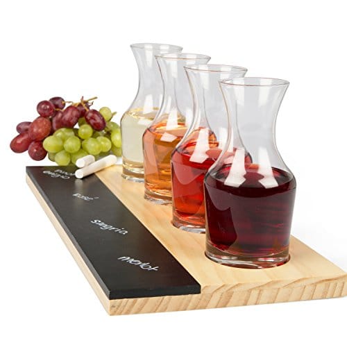 D'eco Wine Tasting Flight Sampler Set - Four 6 oz Decanter Glasses with Wood Paddle and Chalkboard - Great Holiday Gift