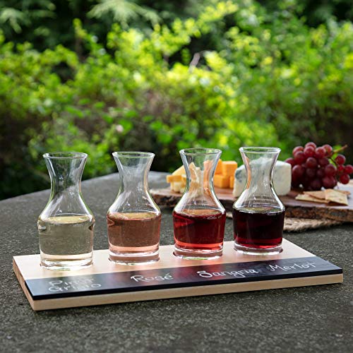 D'eco Wine Tasting Flight Sampler Set - Four 6 oz Decanter Glasses with Wood Paddle and Chalkboard - Great Holiday Gift