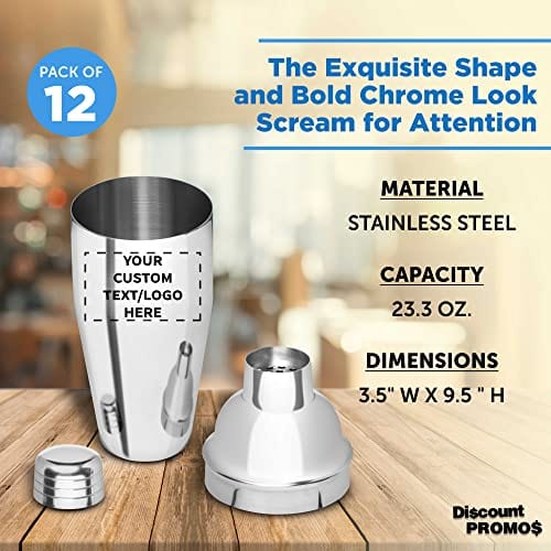 Custom Stainless Steel Shakers 23.3 oz. Set of 12, Personalized Bulk Pack - Bartender Kit, Perfect for Martini, Cocktails, Other Beverages - Stainless Steel