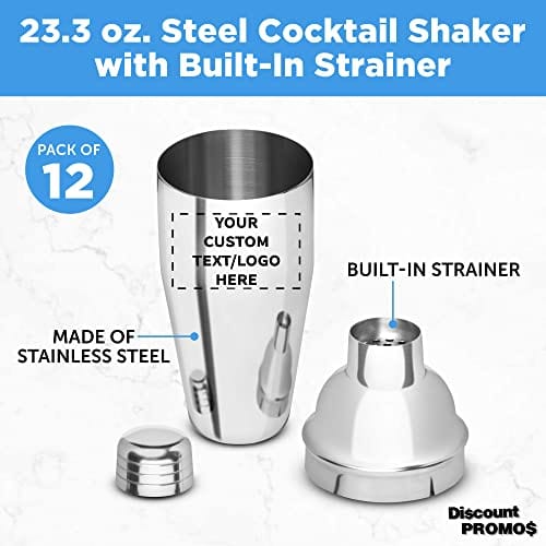 Custom Stainless Steel Shakers 23.3 oz. Set of 12, Personalized Bulk Pack - Bartender Kit, Perfect for Martini, Cocktails, Other Beverages - Stainless Steel