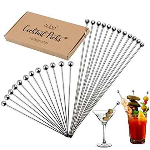 Cocktail Picks Martini Stirrers Toothpicks – (24 Pack / 4 & 8 Inch) Reusable Cocktail Picks - Stainless Steel Metal Drink Skewers Sticks for Martini Olives Appetizers Bloody Mary Brandied