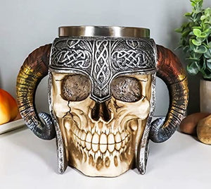 Ebros Gift Viking Ram Horned Pit Lord Warrior Skull With Battle Helmet Beer Stein Tankard Coffee Cup Mug 13oz Norse Mythology Folklore Odin Thor Loki Ragnarok Poetic Edda Decor