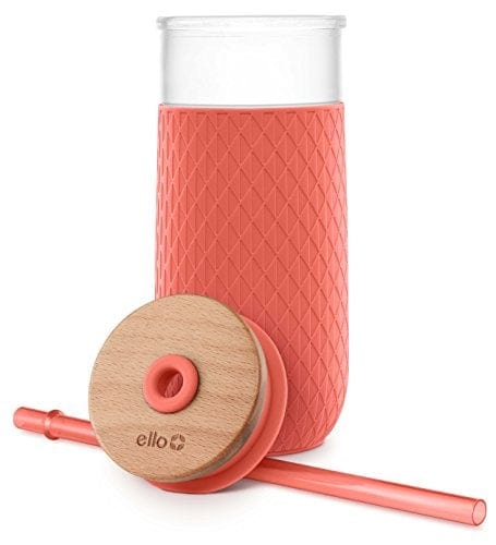 Ello Devon Glass Tumbler with Protective No Sweat Silicone Sleeve and Splash Proof Wooden Detail Lid with Straw, 18 oz