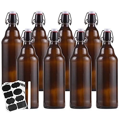 Amber Clear Glass Bottles with Air Tight Lids 32 oz,Easy Cap Bottles for Beer and Home Brewing,Glass Kombucha Bottles with Stoppers,Swing Top Bottles for Beverages 8 Pack