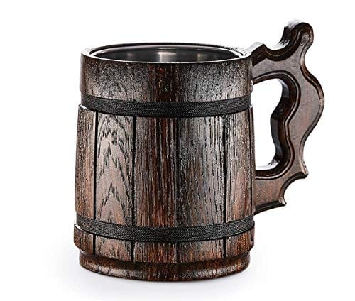 Handmade Wood Mug 20 oz Stainless Steel Cup Carved Natural Beer Stein Old-Fashioned Brown - Wood Carving Beer Mug of Wood Wooden Beer Tankard Capacity: 20oz (600ml) - Great Christmas Gift Idea