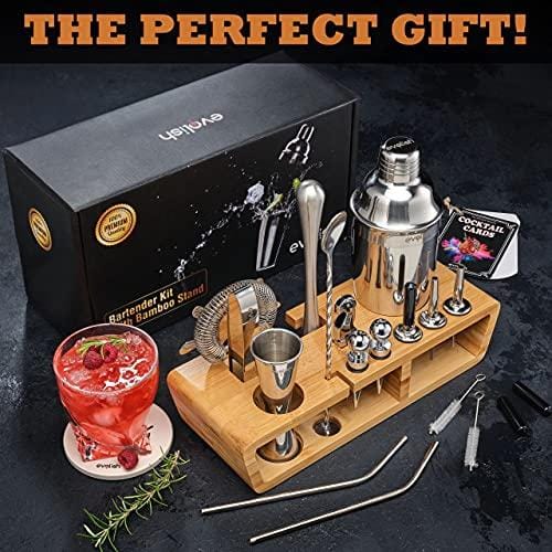 Cocktail Set Bartender Kit with Bartending Course: 20-Piece Home Bar Set Cocktail Shaker Set with Stand | Mixology Kit - Cocktail Mixer Set Ideal Bartending Kit Gift with Bar Tools Drink Making Kit