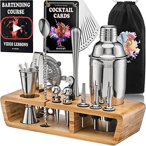 Cocktail Set Bartender Kit with Bartending Course: 20-Piece Home Bar Set Cocktail Shaker Set with Stand | Mixology Kit - Cocktail Mixer Set Ideal Bartending Kit Gift with Bar Tools Drink Making Kit