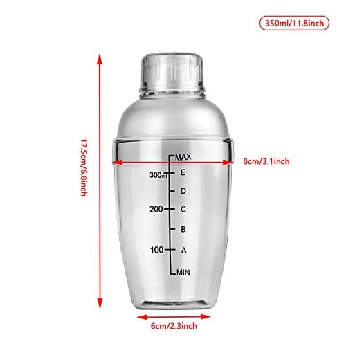 1Pc Plastic Cocktail Shaker with Scale and Strainer Top, Clear Plastic Cocktail Shaker Bottle Wine Mixer Bottle Cocktail Tea Measuring Jigger for Bar Party Home Use (350ml/12oz)