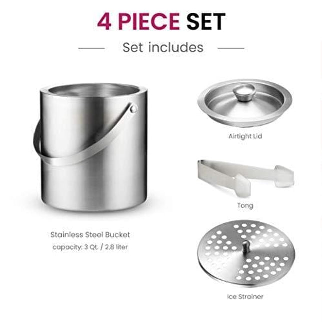 Bellemain Stainless Steel Ice Bucket with Lid - Double Wall Insulated Ice  Bucket for Cocktail Bar, Parties, Buffet - Bartender Ice Cube Holder with  Drip Tray, Tongs - 3 Liter Large Ice Container - Bellemain