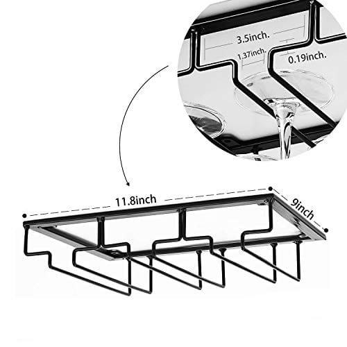 Wine Glass Rack - Under Cabinet Stemware Wine Glass Holder Glasses Storage Hanger 2 Pack Metal Organizer for Bar Kitchen Black