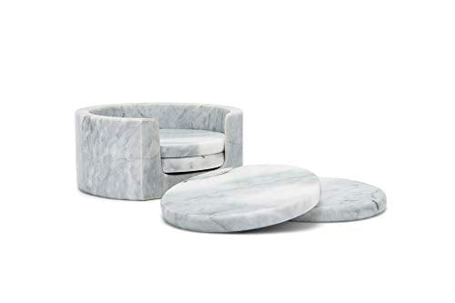 Fox Run Natural Polished Marble Stone Coasters, Set of 4, with Holder, White