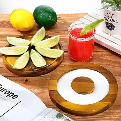 Geiserailie Wood Margarita Salt Rimmer Cocktail Rimmer Kit 6.5 Inch Diameter Glass Rimmer with Lid Glass Bar Sugar Salt Rimmer Plate for Cocktails, Drinks