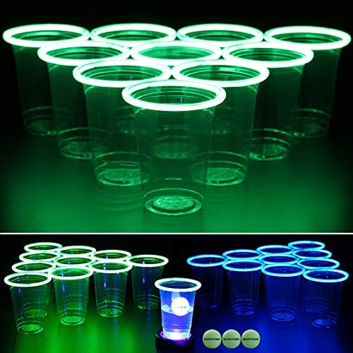 GLOWPONG Green vs Blue Glow-in-The-Dark Beer Pong Game Set for Indoor Outdoor Nighttime Competitive Fun, 12 Green vs 12 Blue Glowing Cups, 4 Glowing Balls, 1 Ball Charging Unit Makes Every Shot Glow