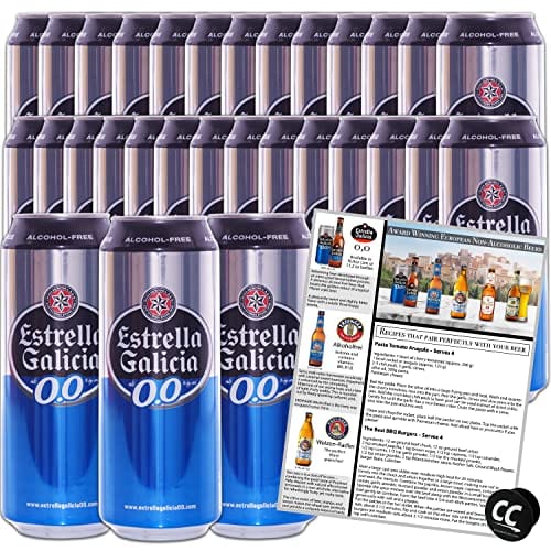 Estrella Galicia 0,0 Non-Alcoholic Beer 30 Pack, Made in Spain, 11.2oz/btl, includes Phone/Tablet Holder & Beer/Pairing Recipes