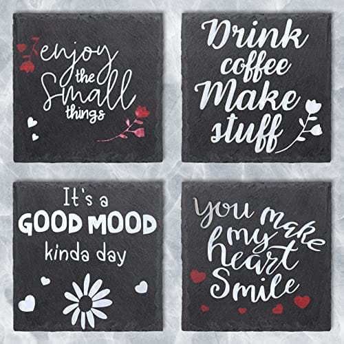 Slate Drink Coasters, GOH DODD 4 Inch Natural Rustic Square Stone Rock Coasters with Anti-Scratch Bottom and Holder for Bar Kitchen Home Decor, 8 Pieces, Black