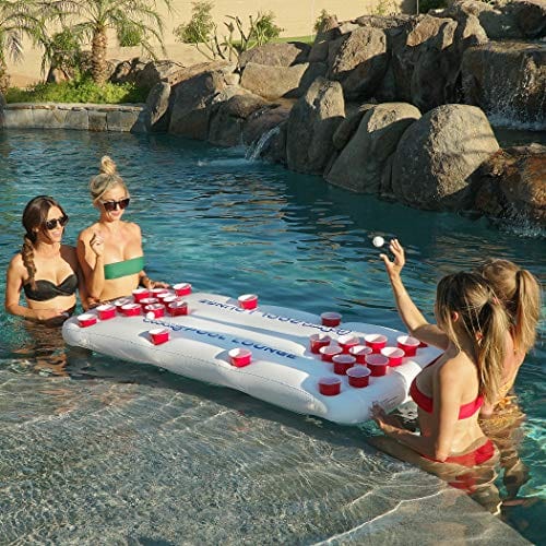 GoPong Pool Lounge Floating Beer Pong Table Inflatable with Social Floating, White, 6'