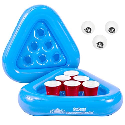 GoPong Pool Pong Rack Floating Beer Pong Set, Includes 2 Rafts and 3 Pong Balls, Blue