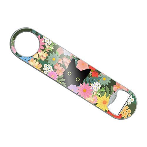 Black Cat Hiding in Spring Flowers Stainless Steel Vinyl Covered Flat Bartender Speed Bar Bottle Opener