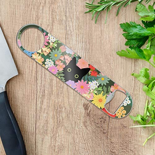 Black Cat Hiding in Spring Flowers Stainless Steel Vinyl Covered Flat Bartender Speed Bar Bottle Opener