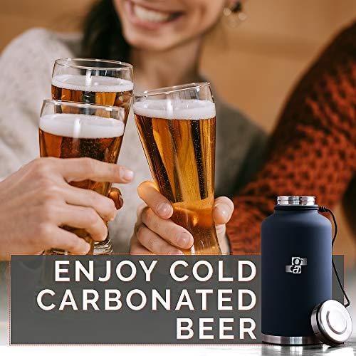 GA Beer Growler and Water Bottle 64 oz - Insulated Stainless Steel Vacuum Thermos Water Jug for Hot and Cold Beverages - Dark Blue with Black Neoprene Growler Carrier