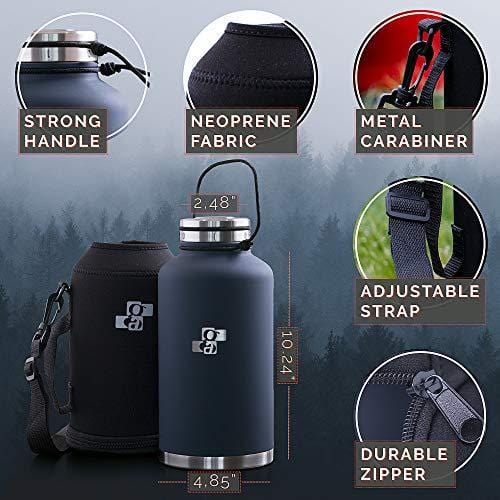 GA Beer Growler and Water Bottle 64 oz - Insulated Stainless Steel Vacuum Thermos Water Jug for Hot and Cold Beverages - Dark Blue with Black Neoprene Growler Carrier